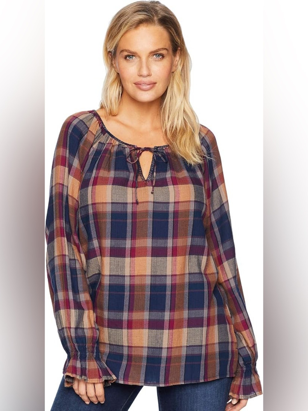Chaps Plaid Cotton Blouse in Multicolor Size 2XL Peasant Blouse Plaid Blue